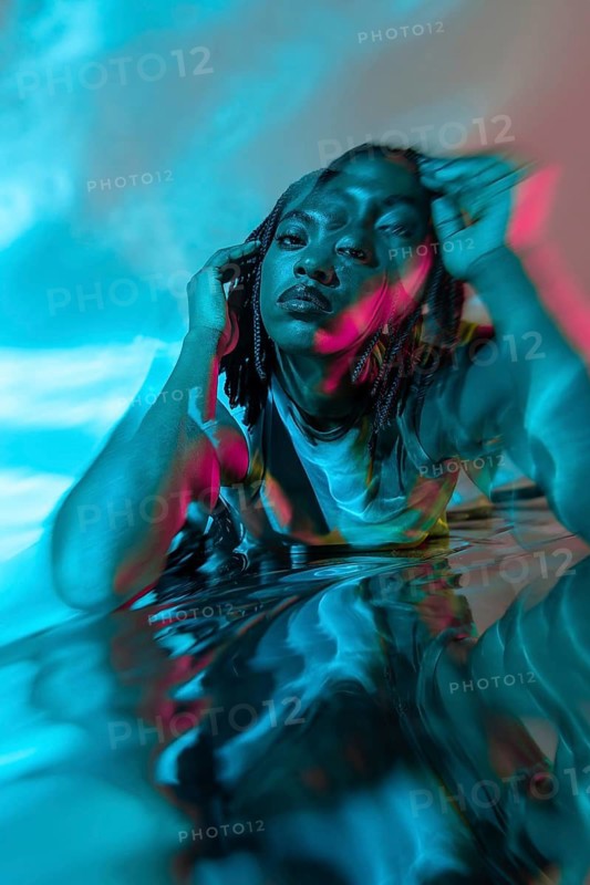 Futuristic portrait of an African young woman in the metaverse, enveloped in vivid colors and digital reflections, symbolizing the blending of technology and identity in a virtual world