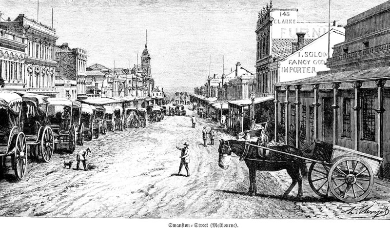 Hustle and bustle in Swanston Street in Melbourne city centre, 19th century, dirt road, hackney carriages, church, travel, Australia, historical illustration 1888