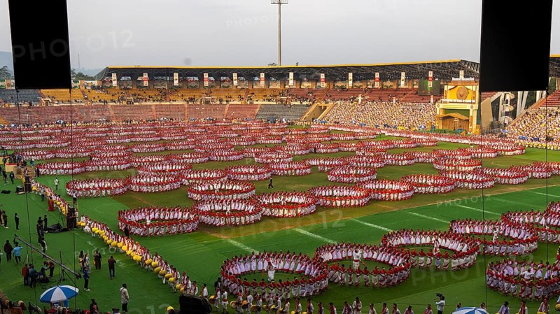 Several thousands of dancers perform traditional Jhumur dance, as they full dress rehearse on the eve of 'Jhumoir Binandini' event at the Sarusajai Stadium in Guwahati, India on February 23, 2025. Jhumur Dance is a traditional folk dance popular in Assam, West Bengal, Jharkhand, and Odisha, mainly performed by the Adivasi (Tea Tribe) community and other indigenous groups