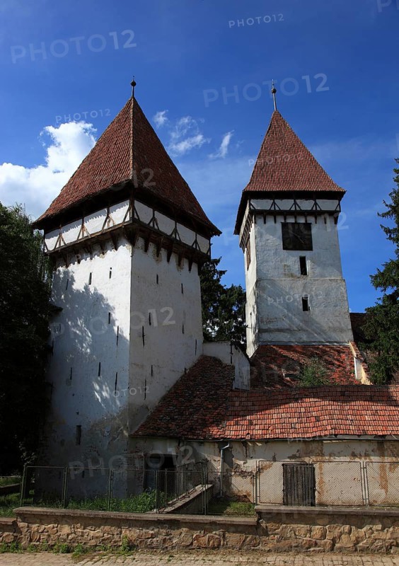 Guild tower of the fortified church in Agnita, German Agnetheln, Transylvanian-Saxon Ognitheln, a town in Sibiu district in Transylvania, Romania