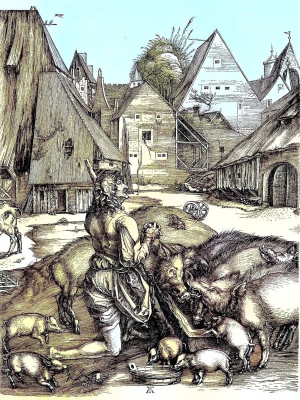 The Prodigal Son with the Pigs, after Albrecht Dürer, Historical, digitally restored reproduction of a 19th century original