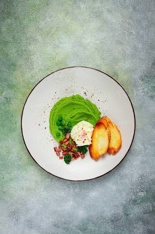 Mashed peas, with boiled egg, fried bacon, toast, baguette, breakfast, homemade, no people