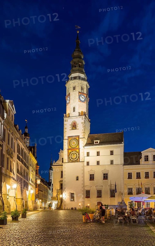 Old town hall and Schönhof with hall houses at Untermarkt by night, Görlitz, Saxony, Germany