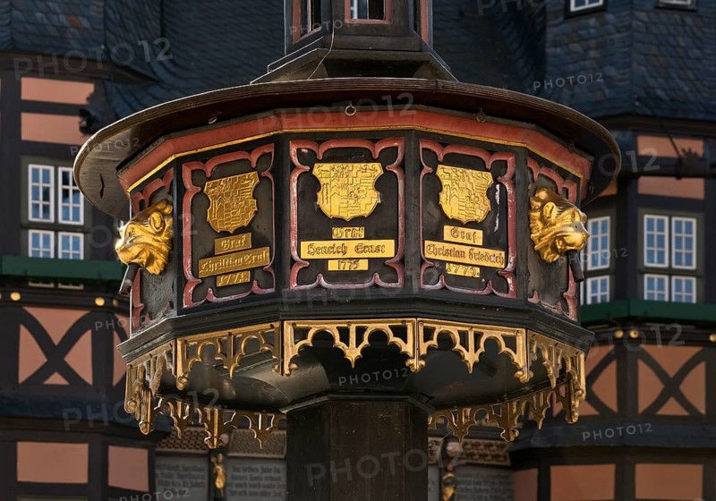 Benefactor fountain in front of the town hall, Wernigerode, Harz, Saxony-Anhalt, Germany