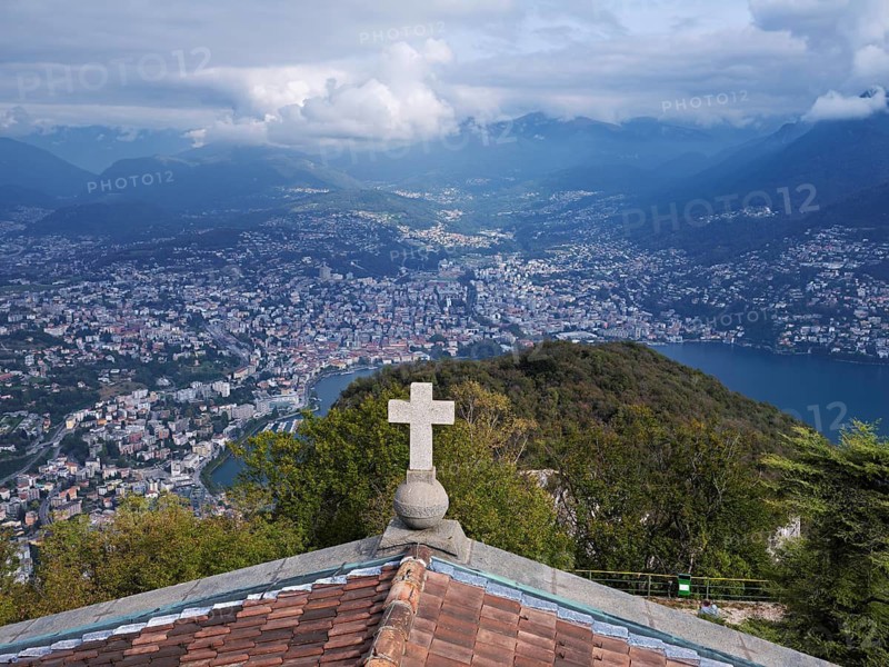 View of Lake Lugano and the city of Lugano from Monte San Salvatore, Canton Ticino, Switzerland