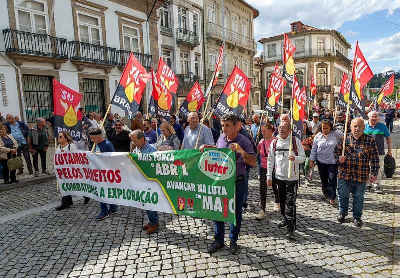 Political rally and march for May Day in city of Guimaraes, Braga district, northern Portugal, Europe - 1st May 2025