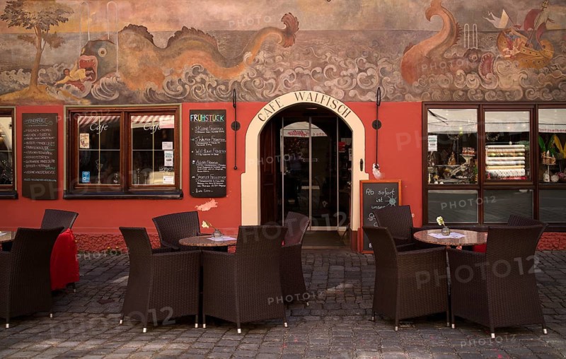 Facade painting by Toni Schönecker, fresco depicting the story of Jonah, Jonah in the whale, Café Walfisch, Altstadt, Wangen im Allgäu, Bavaria, Germany