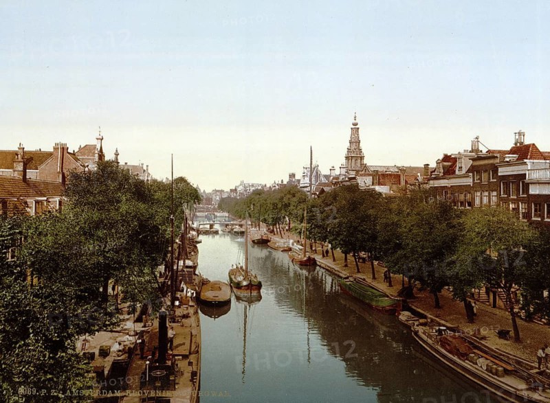 Kloveniersburgwal, one of the oldest canals, with the tower of the Zuiderkerk on the right, Amsterdam, Netherlands, ca 1895, Historical, digitally restored reproduction from a 19th century original, Record date not stated