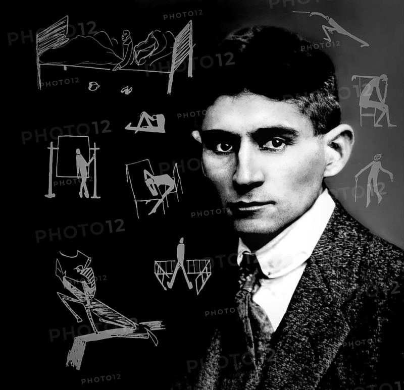 Portrait and a drawing of Franz Kafka, German-speaking Bohemian novelist, digitally edited according to a photograph