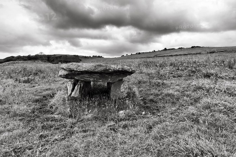 Unknown dolmen in a meadow, monochrome, County Clare, Ireland