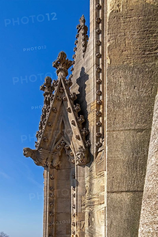 Detail, sculptures on the tower of the University Church of St Mary the Virgin, Oxford, England, Great Britain