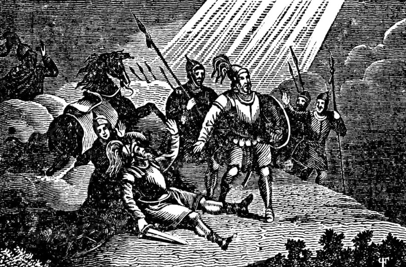 Saul, Saul! Why are you persecuting me? From Saul to Paul, history of St Paul the Apostle, road to jesrusalem, sudden rays of light from heaven, fright, soldiers with spears and shields, New Testament, history of the apostles, woodcut, historical illustration, Christoph Schmid's Biblical History 1831