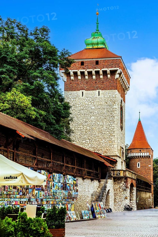 Florian's Gate with city wall and defensive towers, Krakow, Poland