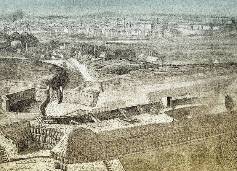 The Fort Ivry-sur-Seine or d'Ivry, cityscape of Paris, 1870, Historical scene from the Franco-Prussian War or Franco-German War, 1870-1871, Historische Zeichnung, Panorama von Paris über Fort von Ivry-sur-Seine oder d'Ivry, Deutsch-Französischer Krieg von 1870–1871 zwischen dem Kaiserreich Frankreich dem Königreich Preußen