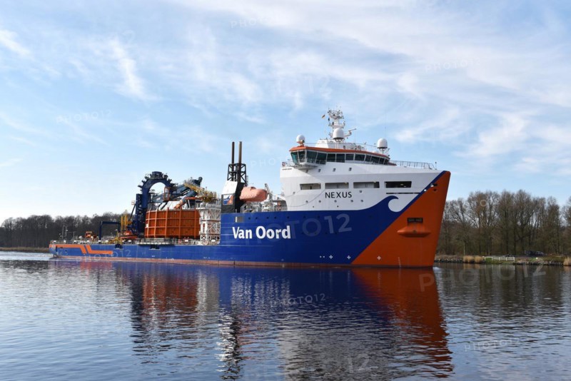Cable carrier, ship, special ship Nexus travelling through the Kiel Canal, Kiel Canal, Schleswig-Holstein, Germany