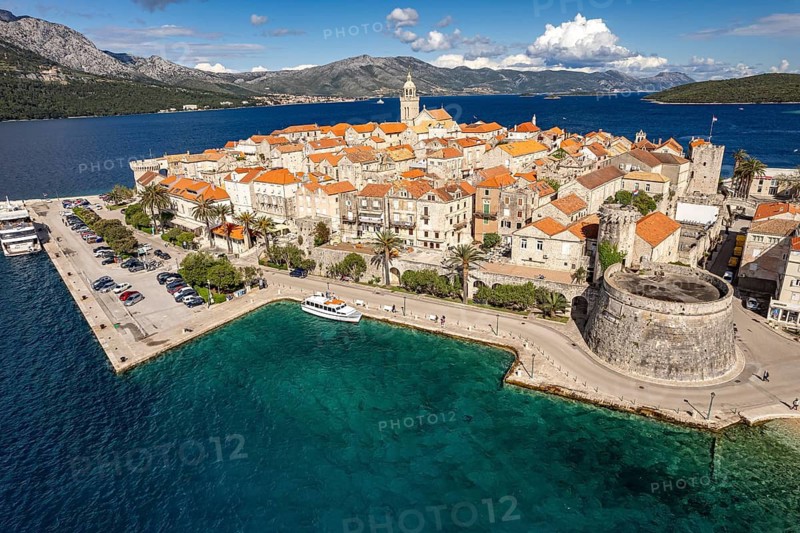 The old town centre of Korcula town seen from the air, Croatia
