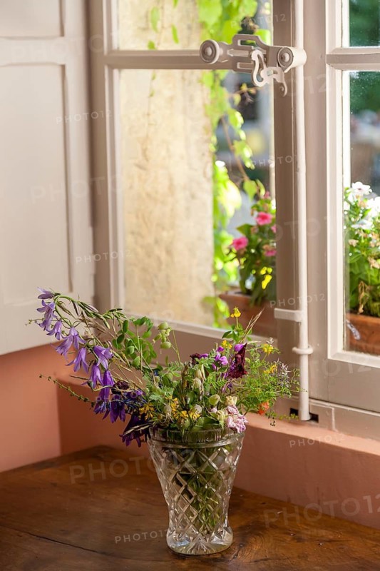 Old window with espagnolette, bouquet of flowers, Provence, France