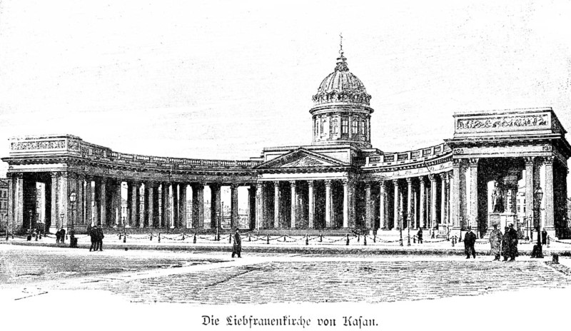 Church of Our Lady of Kazan in honour of the Virgin Mary, domed building with semicircle, architecture, portico. Square, people, Petersburg, Russia, historical illustration c. 1890
