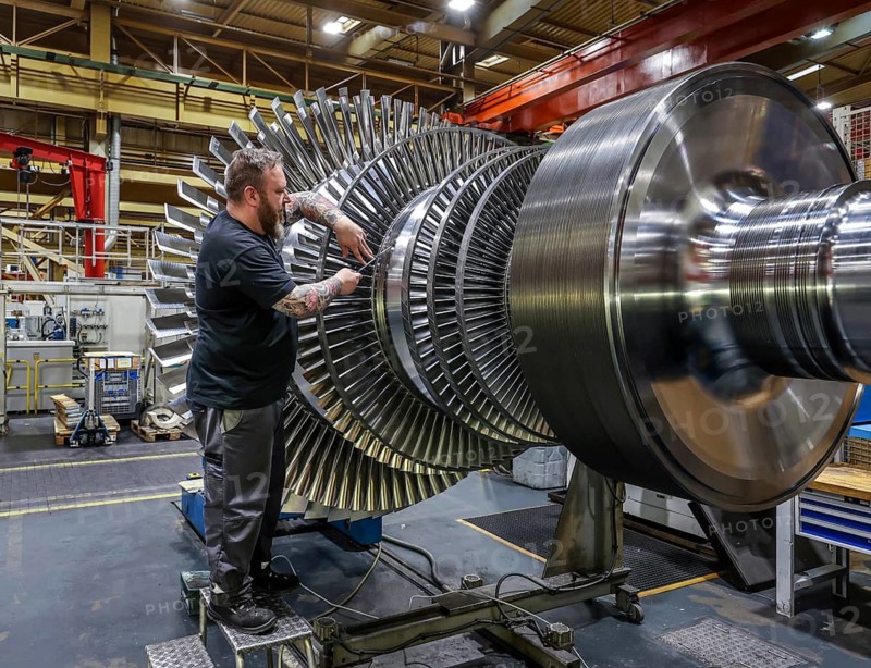 Oberhausen, North Rhine-Westphalia, Germany, MAN Energy Solutions is a long-established company in the Ruhr region. Industrial mechanic works on a steam turbine. MAN Energy Solutions is the world market leader in propulsion engines for ships and engines for power generation, as well as turbomachinery for stationary applications such as in gas networks, in the process industry and also for power generation. Note: The person pictured has given their verbal consent for publication in the press