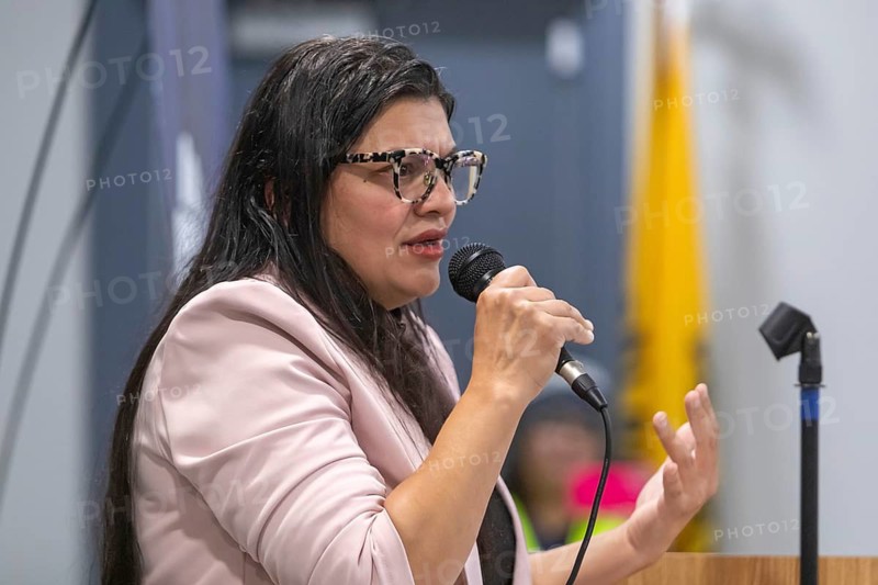 Dearborn, Michigan, Congresswoman Rashida Tlaib (D-Mich) speaks at a rally calling for a Green New Deal. The plan calls for government to devote more resources to fightiing climate change, while securing affordable and reliable power and an end to pollution in low-income communities. The rally was held at United Auto Workers Local 600