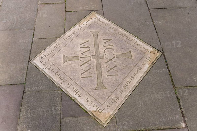 Plaque in the floor in front of the entrance, former abbey church, Tewkesbury, Gloucestershire, England, Great Britain
