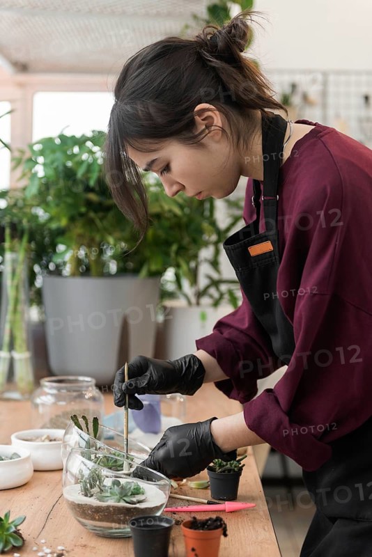 A focused gardener, wearing black gloves and an apron, carefully builds a terrarium on a wooden table with various plants, creating a serene indoor garden atmosphere
