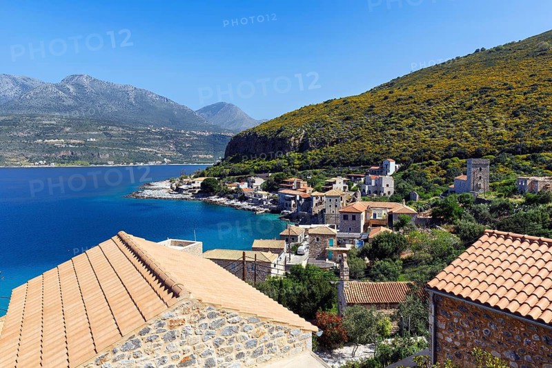 Picturesque bay in Limeni, hotels and tavernas, Areopoli, Itylo, Messinian Gulf, Mani, Greece