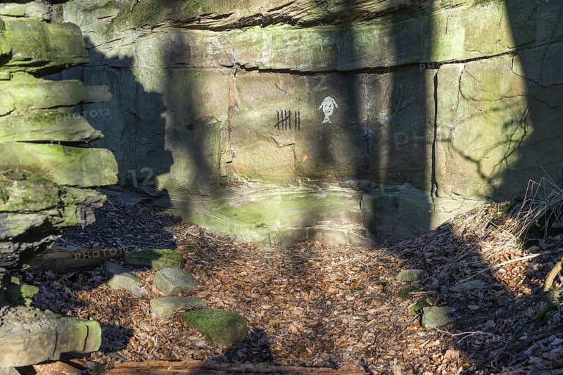 Graffitti at a rock shelter, atmospheric rock arts, looks like signs of Cannibalism, Wülmersen, Trendelburg, Hesse, Germany