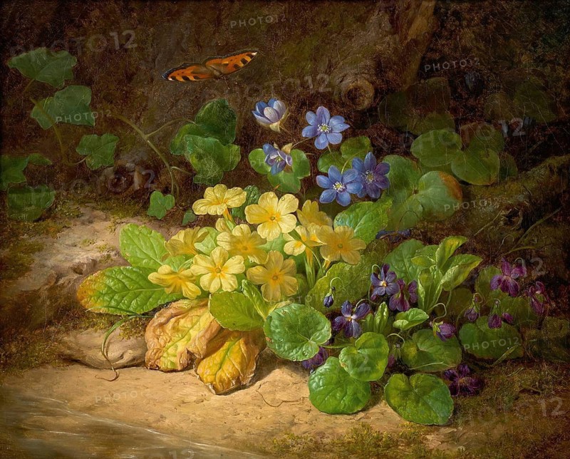 Yellow and blue flowers, primrose, framed by greenery with a butterfly in a natural setting, Alpine flowers, painting by Josef Lauer (1818, 1881), Austrian still life painter who was active in the Biedermeier period, Yellow and blue flowers framed by greenery with a butterfly in a natural setting