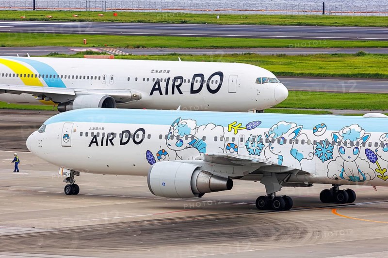 Boeing 767-300ER aircraft of Air Do with the registration JA607A and the Pokemon Rokon Jet special livery at Tokyo Haneda Airport (HND) in Tokyo, Japan
