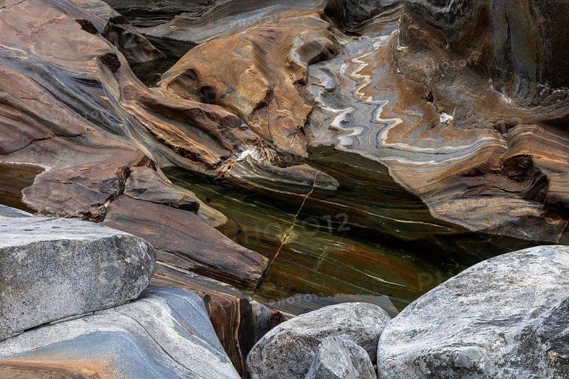 Rocks, rock structures, Verzasca River, near Lavertezzo, Verzasca Valley, Valle Verzasca, Canton Ticino, Switzerland