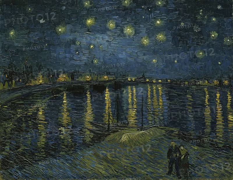 Starry Night, Painting by Vincent Willem van Gogh (born 30 March 1853 in Groot-Zundert, died 29 July 1890 in Auvers-sur-Oise), Dutch painter and draughtsman, one of the founders of modern painting, Illustration, Reproduction from a painting. Authentic, exact date of original unknown, Historical, Star-filled night sky over a river with reflecting city lights