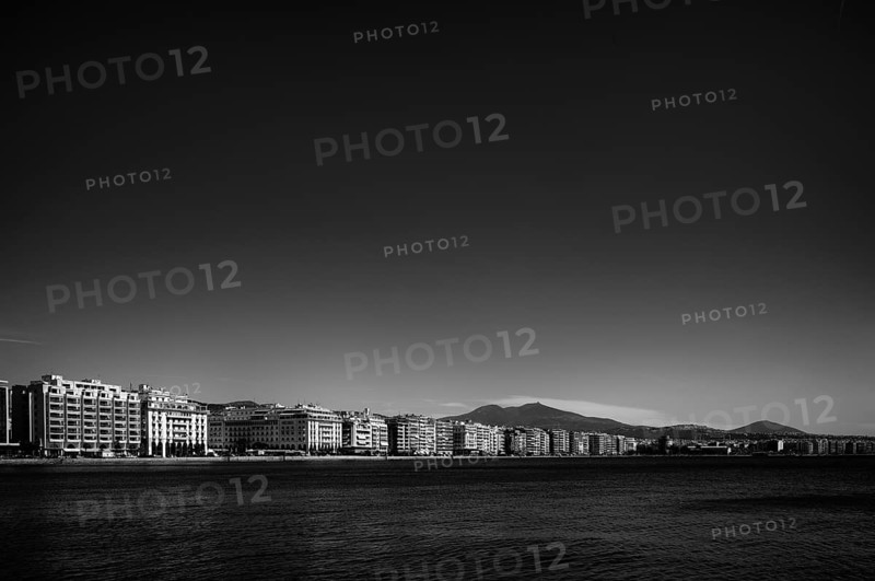 Old harbour, view of waterfront, skyline of Thessaloniki, black and white, Thessaloniki, Macedonia, Greece