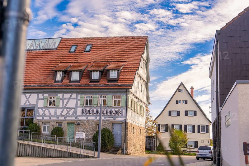 Traditional half-timbered house in the village, cultural centre on a sunny day, Jettingen, Black Forest, Germany