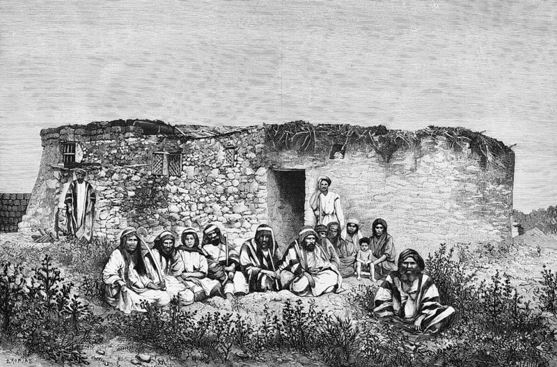Round house made of fieldstones in Jericho in the Jordan Rift Valley, sabre, headscarf, men, woman, child, family members sitting in a semicircle, travelling in Asia, Palestinian Autonomous Territory, West Bank, historical illustration 1887