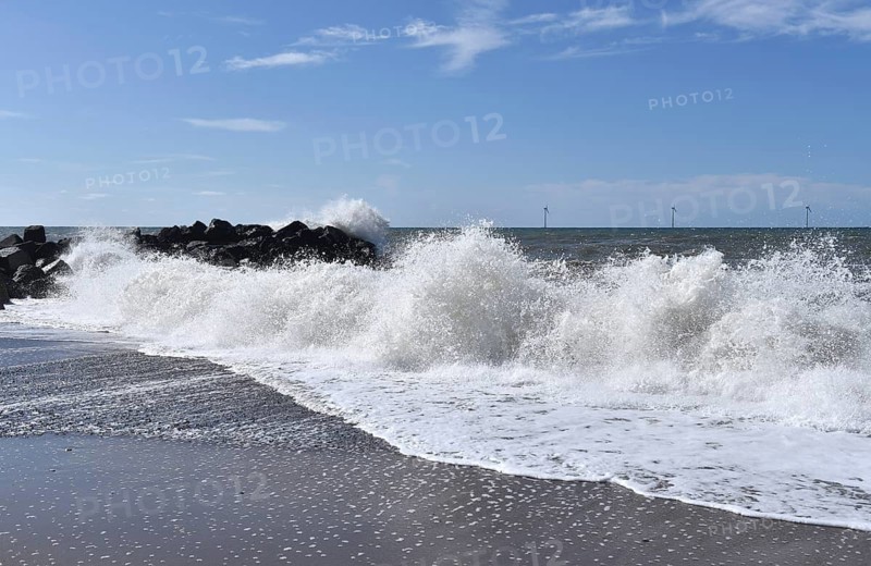 Gentle waves roll evenly to shore under a clear sky