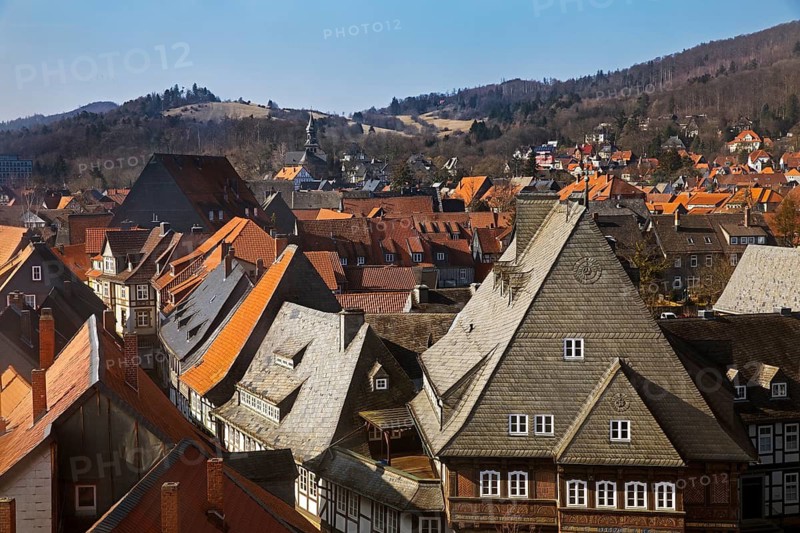 City panorama over the roofs of the old town of Goslar with a view of the Frankenberg church, Lower Saxony, Germany