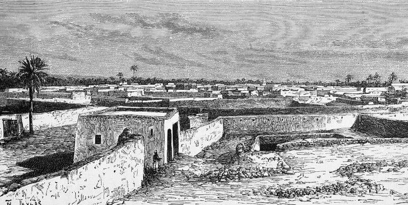 Date Oasis Ouargla in the Algerian Sahara, clay buildings, date palms, clay walls, building material clay, travelling, Algeria, historical illustration 1886
