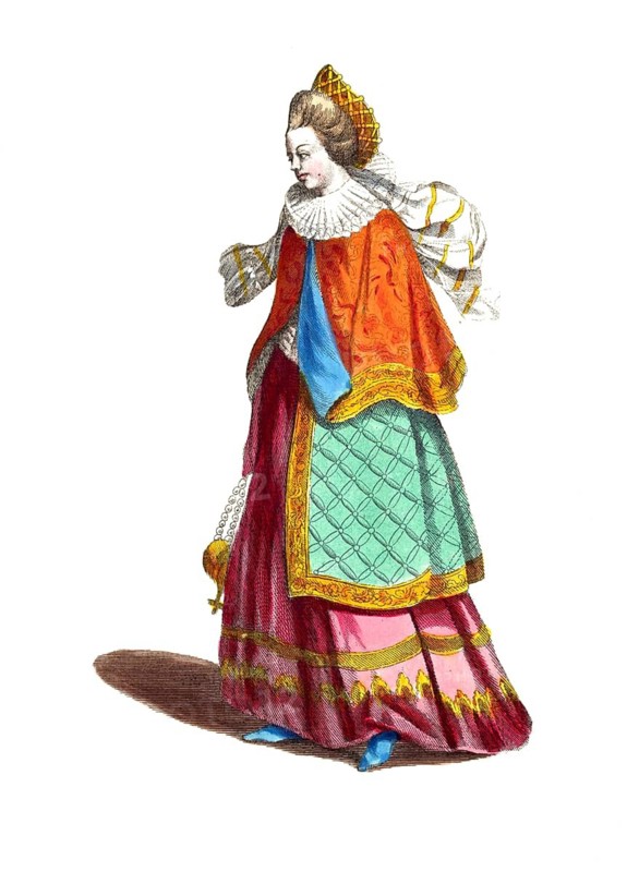 Historical clothing, fashion through the ages, clothing of a noble lady from Hungary, around 1626, digitally restored reproduction of a model from the 18th/19th century, exact date unknown, a woman in an elegant red gown with ruffles and yellow patterns, on a white background