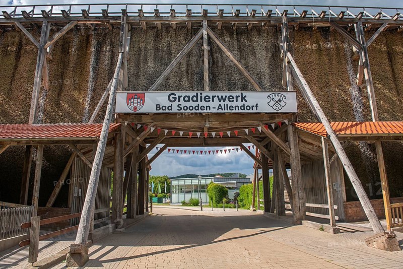 Bad Sooden, Allendorf, district of Bad Sooden, view through the graduation tower to the neighbouring thermal baths, spa, Werrathermen, thermal baths, brine, brine springs, health, recreation, open-air inhalatorium, healing, sunshine, modern building, Werra-Meissner district, Hesse, Germany