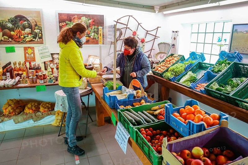 Welver, Soest district, Sauerland, North Rhine-Westphalia, Germany - Farm shop, customer buys vegetables in the farm shop of Gemüsehof Buschhoff in times of the corona pandemic in compliance with the Corona Protection Ordinance, with compulsory masks and minimum distance