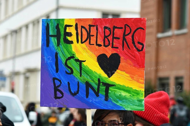 Heidelberg, Germany - February 12th 2025: Sign with text saying 'Heidelberg is colorful' at protest against far-right extremism