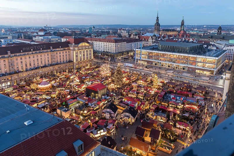 Striezelmarkt Christmas market and the old town from above with castle and cultural palace, Dresden, Saxony, Germany