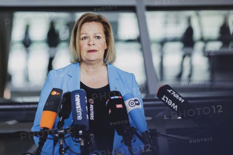 Nancy Faeser (SPD), Federal Minister of the Interior and Home Affairs, speaks to the media in front of the parliamentary group meeting in Berlin, 23 April 2024