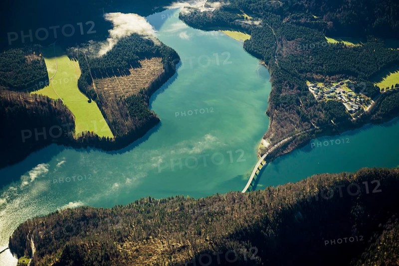 Aerial view, bird's eye view, Sylvenstein Lake, Upper Bavaria, Bavaria, Germany