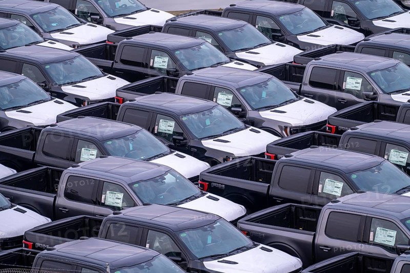 Ford FX4 pickup trucks on stockpile, in the overseas harbour of Bremerhaven, after import from the USA in Germany, Lower Saxony, Germany
