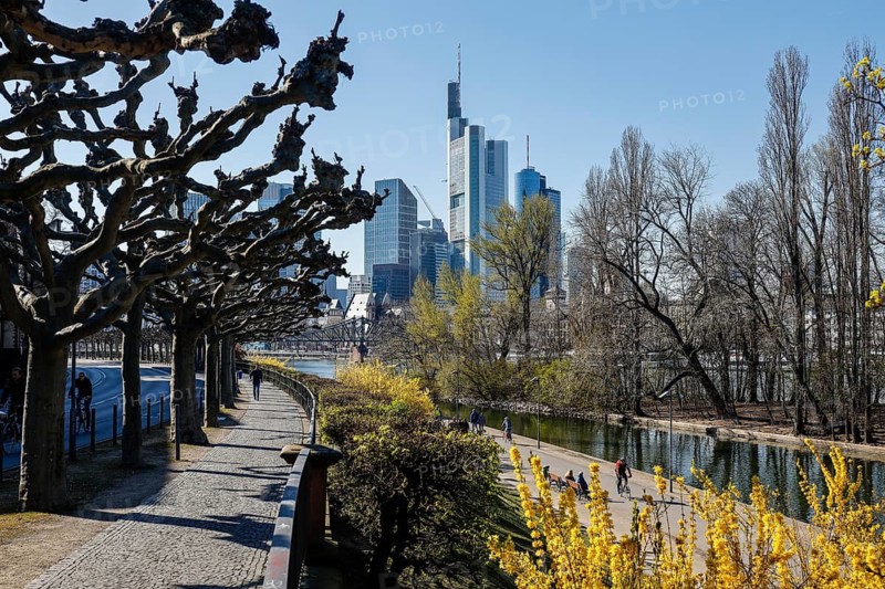 Few people on the banks of the Main in front of the skyline of Frankfurt city centre with banking district, Frankfurt am Main, Hesse, Germany