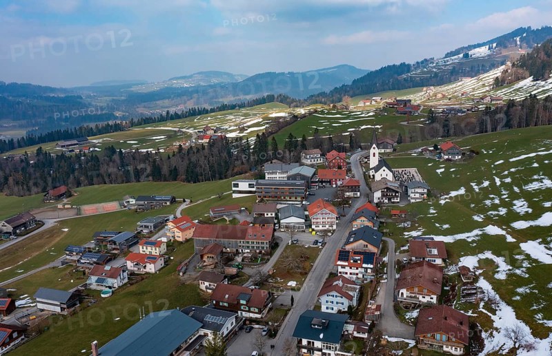 Drone image, residential buildings, settlement area, parish church, Riefensberg, Bregenzerwald, Vorarlberg, Austria