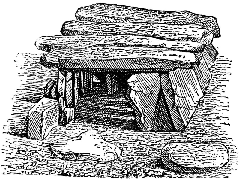 Covered stone row of Bagneux near Saumur, megalithic tomb, archaeology, history of prehistoric mankind, France, historical illustration 1880