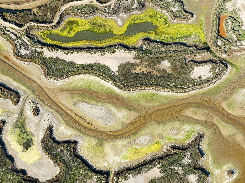 Low tide. In the marshland of Isla Cristina. Aerial view. Drone shot. Huelva province, Andalusia, Spain